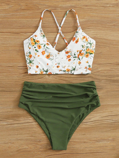 Swim Lushoire Summer Beach Floral Patchwork Print V-Neck Bikini Set, Bikini Set