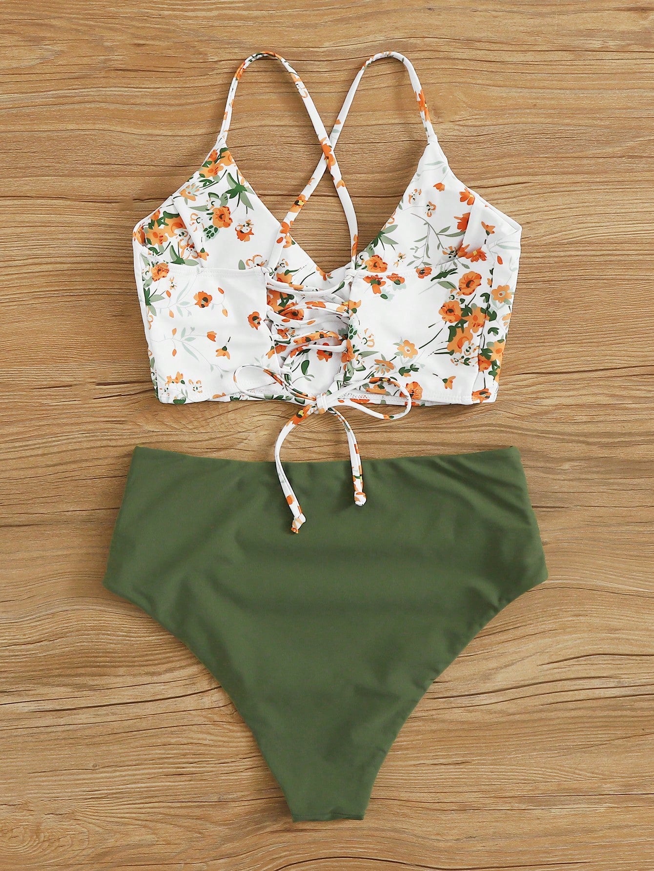 Swim Lushoire Summer Beach Floral Patchwork Print V-Neck Bikini Set, Bikini Set