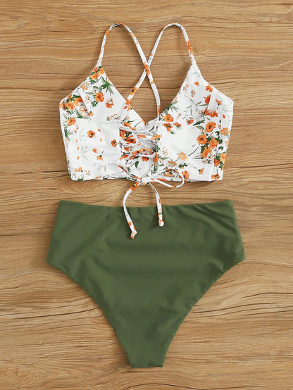 Swim Lushoire Summer Beach Floral Patchwork Print V-Neck Bikini Set, Bikini Set
