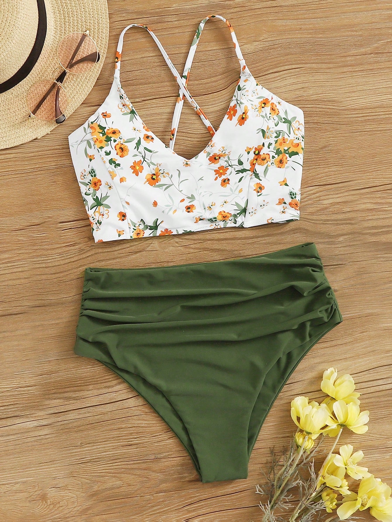 Swim Lushoire Summer Beach Floral Patchwork Print V-Neck Bikini Set, Bikini Set