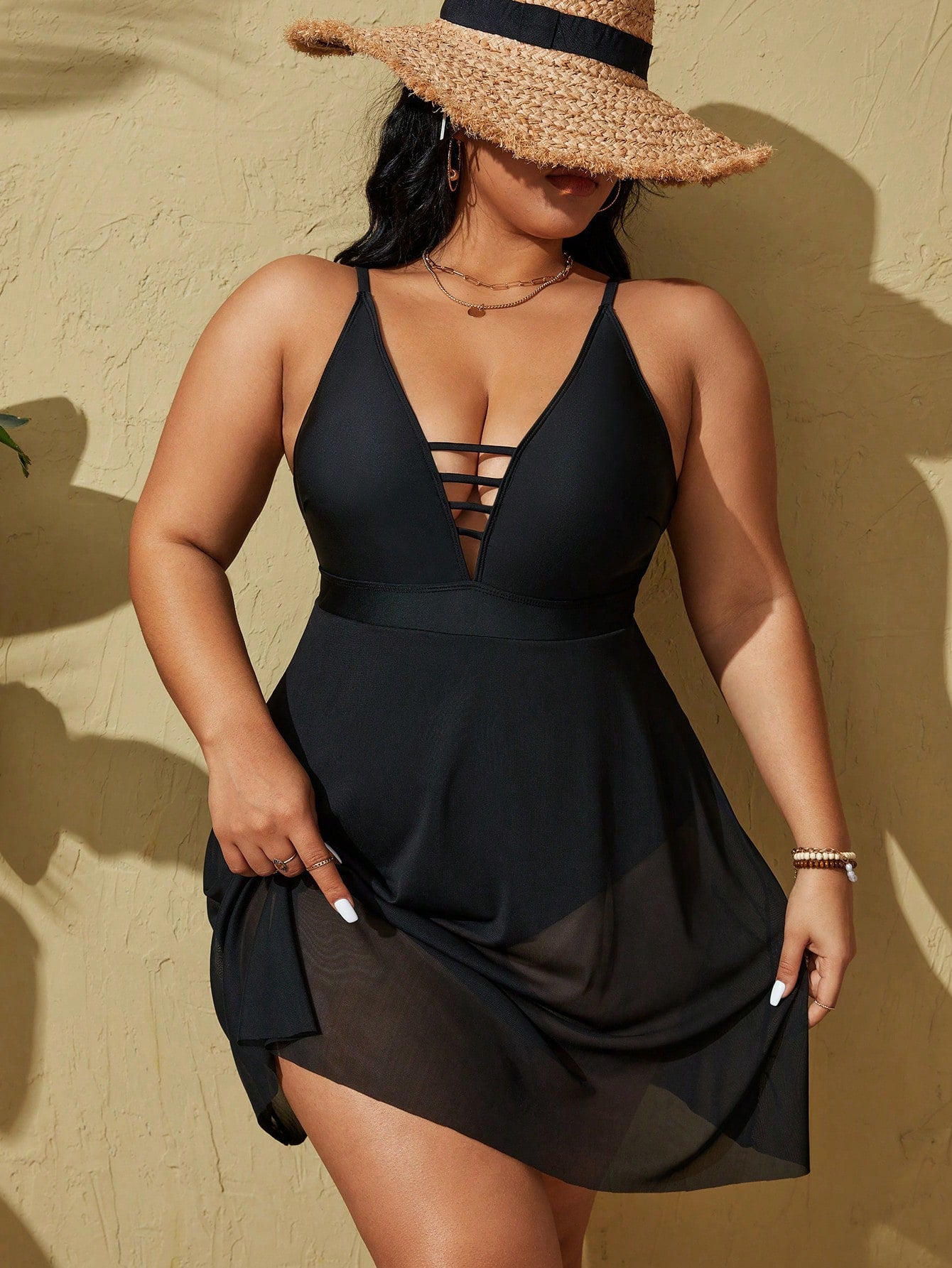 Swim Lushoire Summer Beach Plus Size Solid Color One-Piece Swimsuit