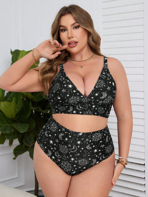 Swim Lushoire Summer Beach Plus Size Sun, Moon, Stars Pattern Printed Bikini Set