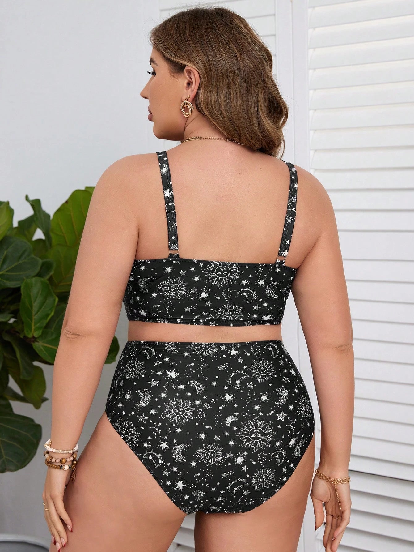 Swim Lushoire Summer Beach Plus Size Sun, Moon, Stars Pattern Printed Bikini Set