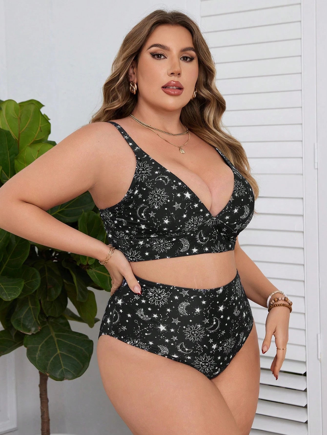 Swim Lushoire Summer Beach Plus Size Sun, Moon, Stars Pattern Printed Bikini Set