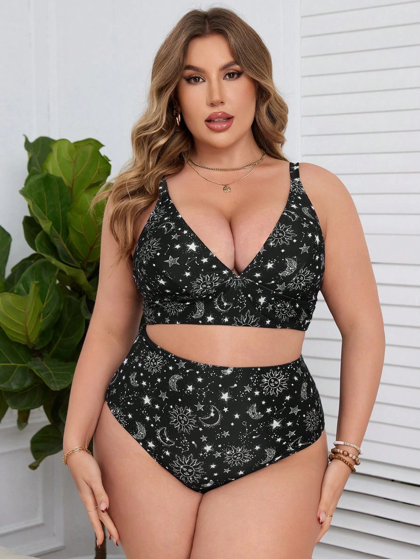 Swim Lushoire Summer Beach Plus Size Sun, Moon, Stars Pattern Printed Bikini Set