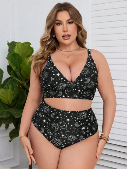Swim Lushoire Summer Beach Plus Size Sun, Moon, Stars Pattern Printed Bikini Set