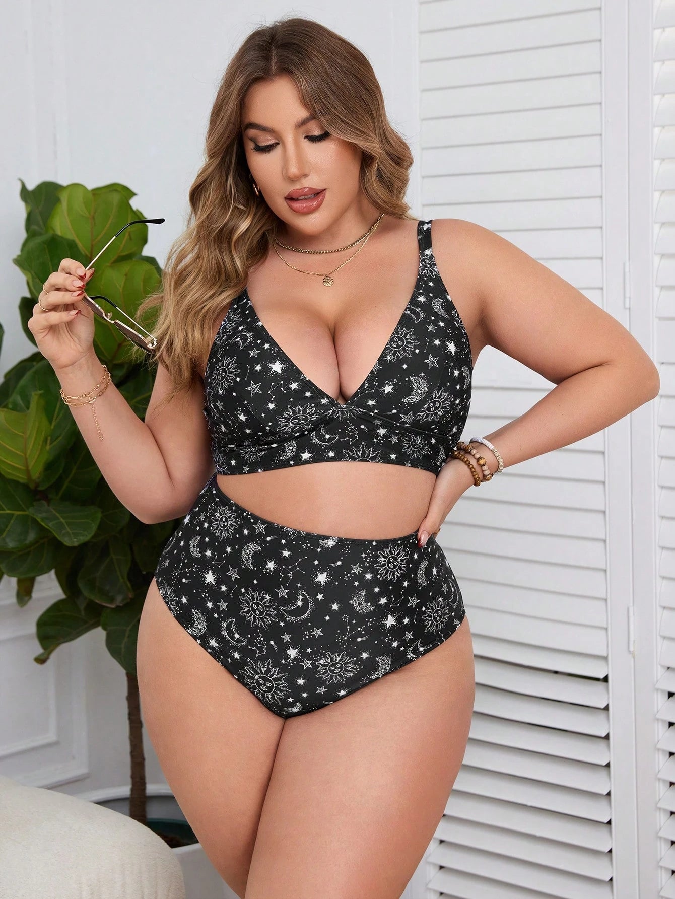 Swim Lushoire Summer Beach Plus Size Sun, Moon, Stars Pattern Printed Bikini Set