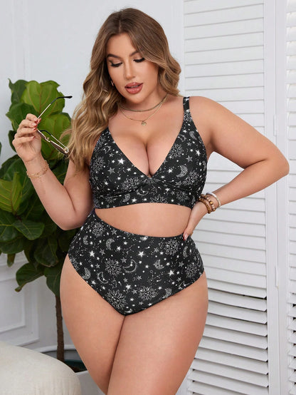 Swim Lushoire Summer Beach Plus Size Sun, Moon, Stars Pattern Printed Bikini Set