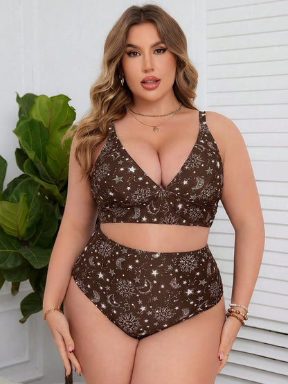 Swim Lushoire Summer Beach Plus Size Sun, Moon, Stars Pattern Printed Bikini Set