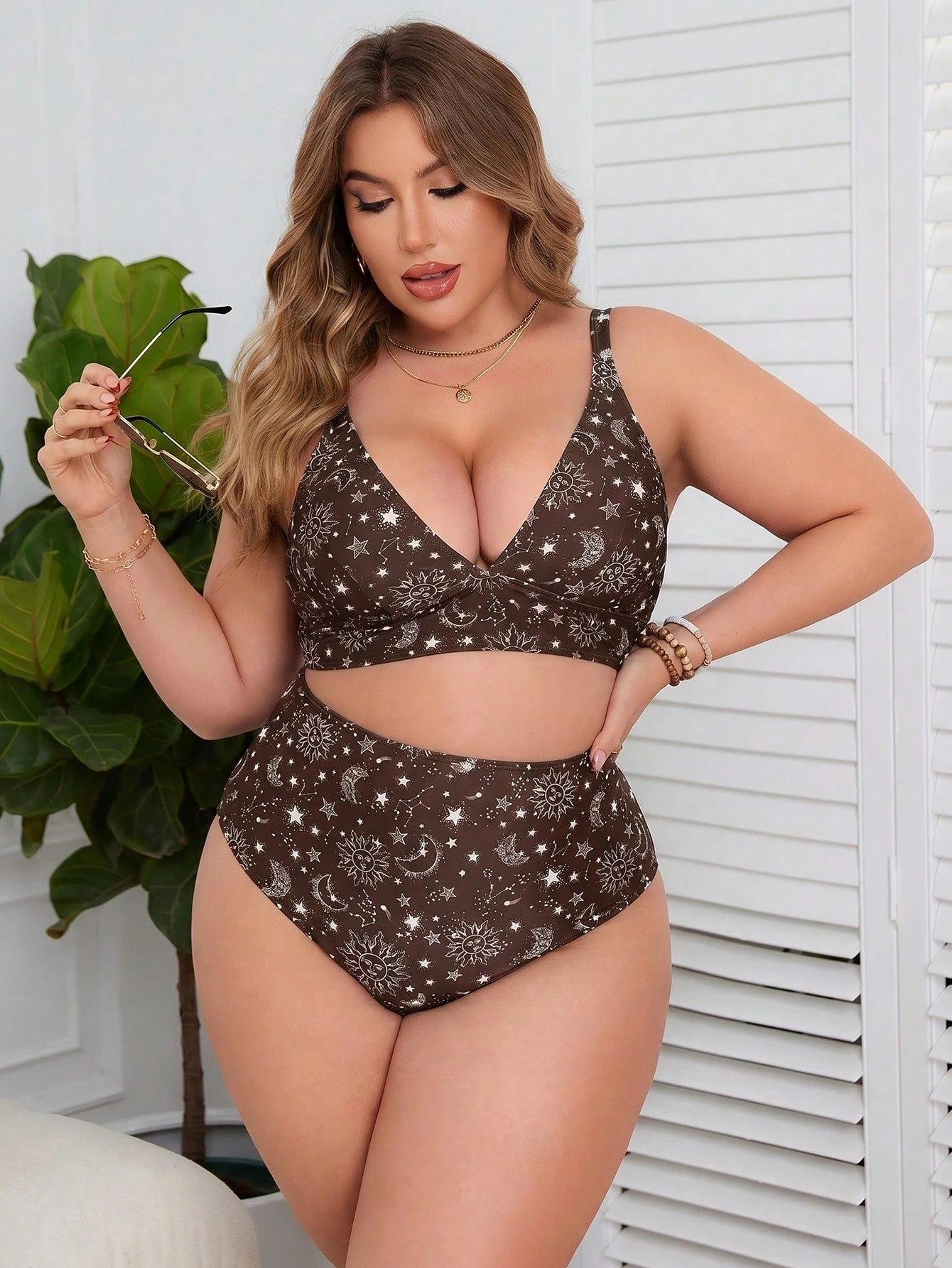 Swim Lushoire Summer Beach Plus Size Sun, Moon, Stars Pattern Printed Bikini Set