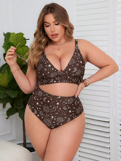 Swim Lushoire Summer Beach Plus Size Sun, Moon, Stars Pattern Printed Bikini Set
