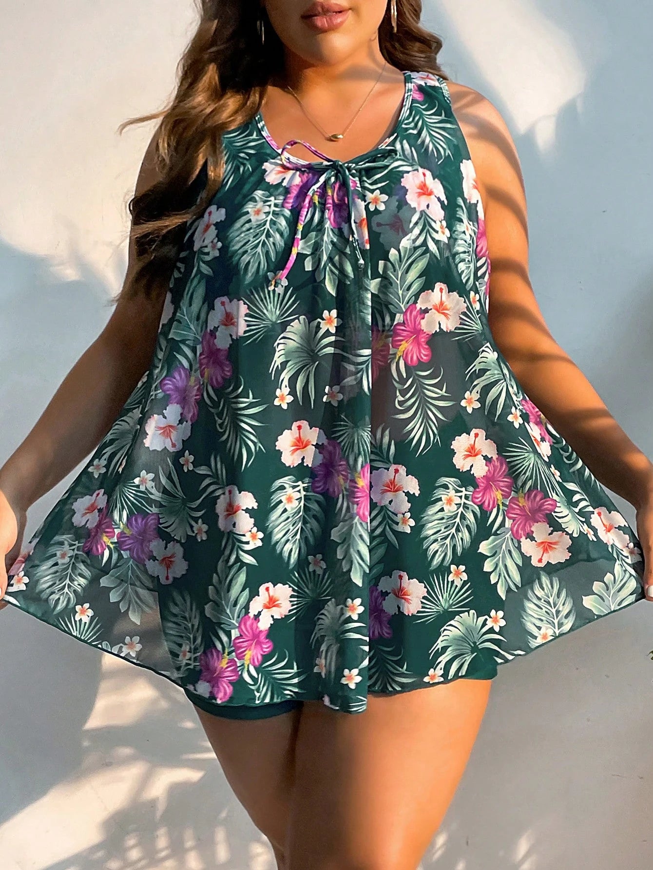 Swim Lushoire Summer Beach Plus Size Tropical Print Tie Front Swim Dress