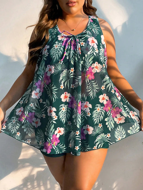 Swim Lushoire Summer Beach Plus Size Tropical Print Tie Front Swim Dress