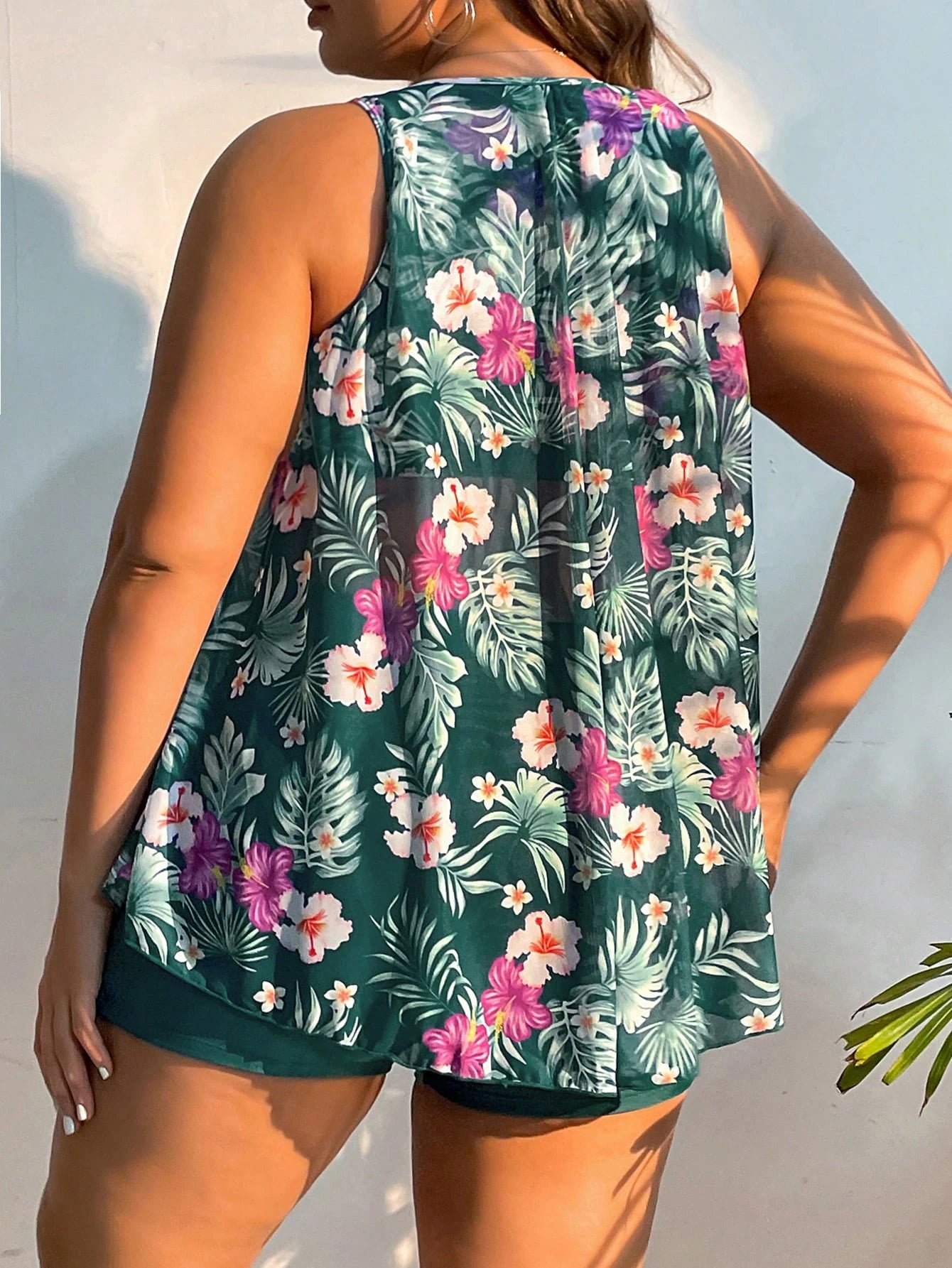 Swim Lushoire Summer Beach Plus Size Tropical Print Tie Front Swim Dress