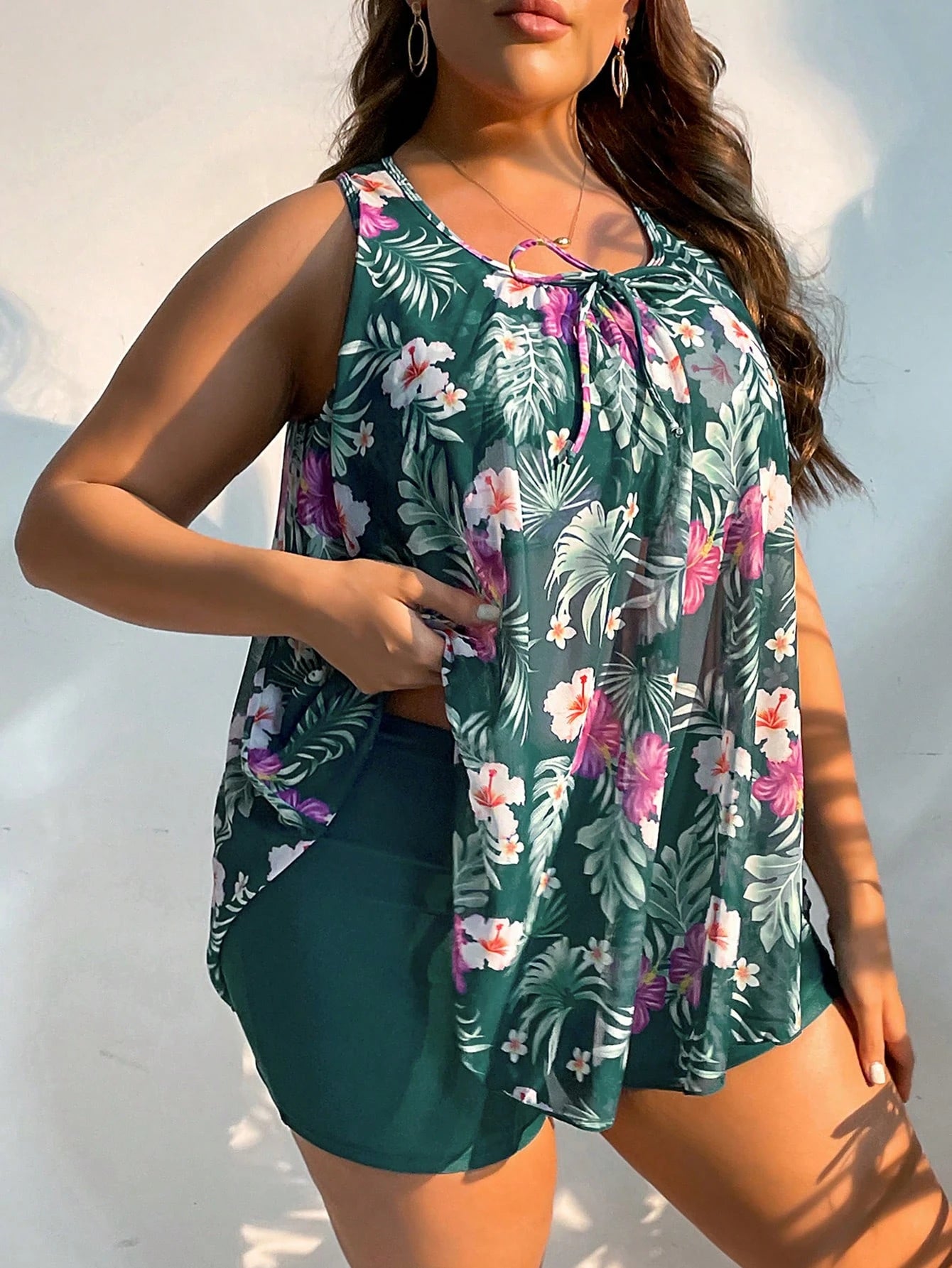 Swim Lushoire Summer Beach Plus Size Tropical Print Tie Front Swim Dress