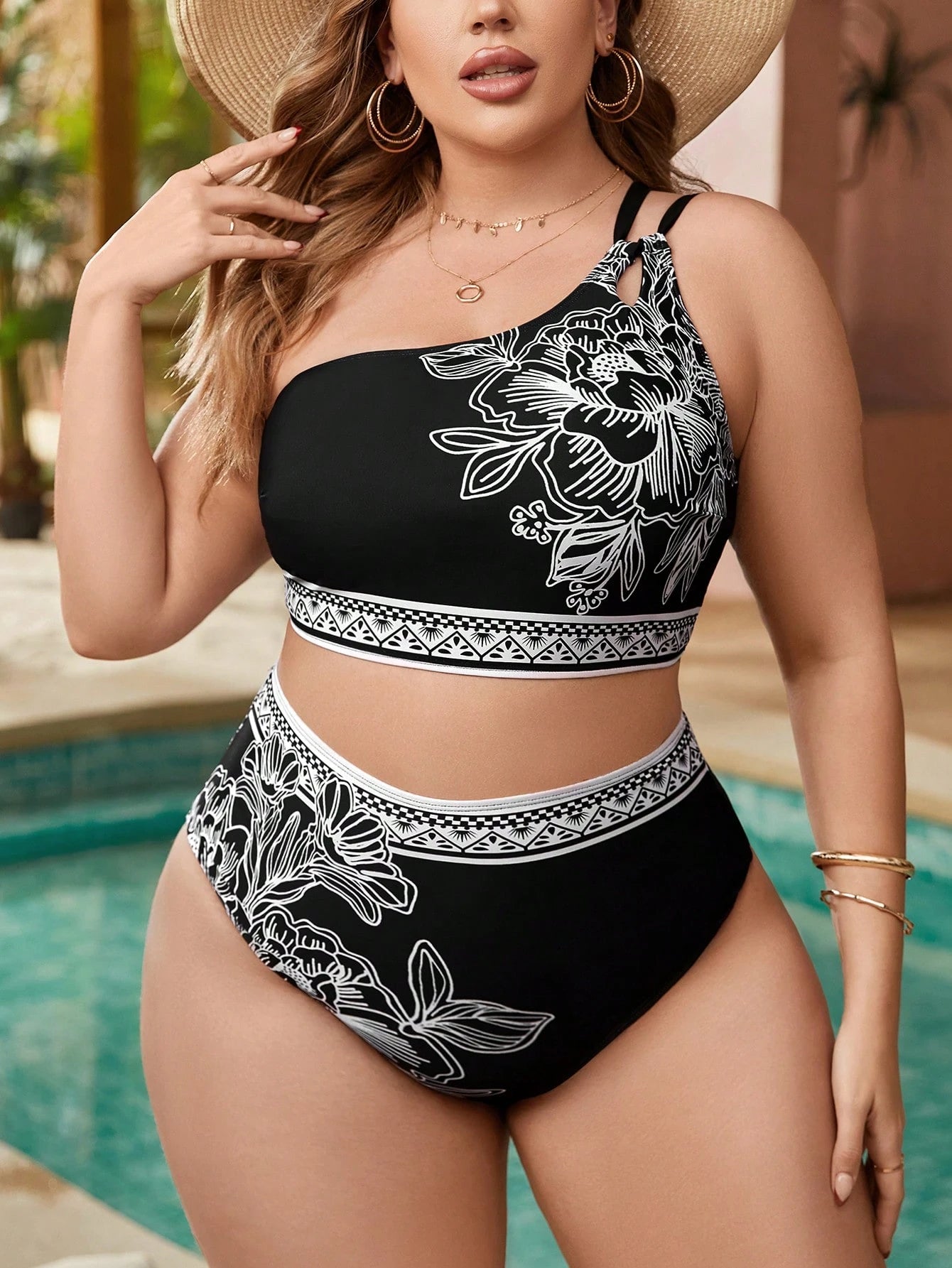 Swim Lushoire Summer Beach Plus Size Women's One Shoulder Printed Bikini Set