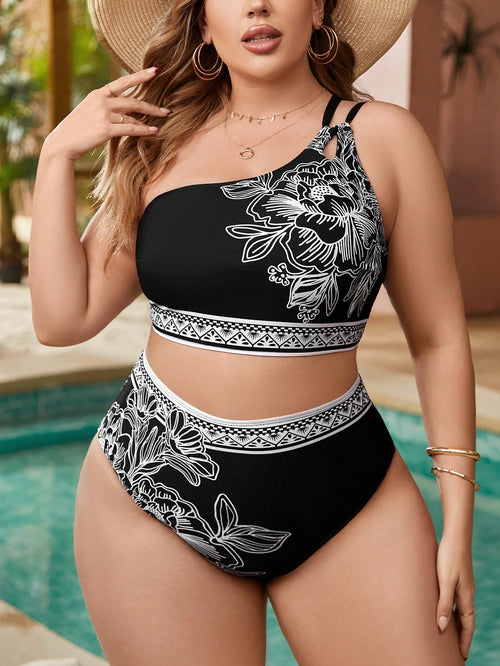 Swim Lushoire Summer Beach Plus Size Women's One Shoulder Printed Bikini Set