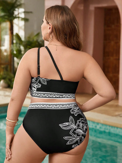 Swim Lushoire Summer Beach Plus Size Women's One Shoulder Printed Bikini Set