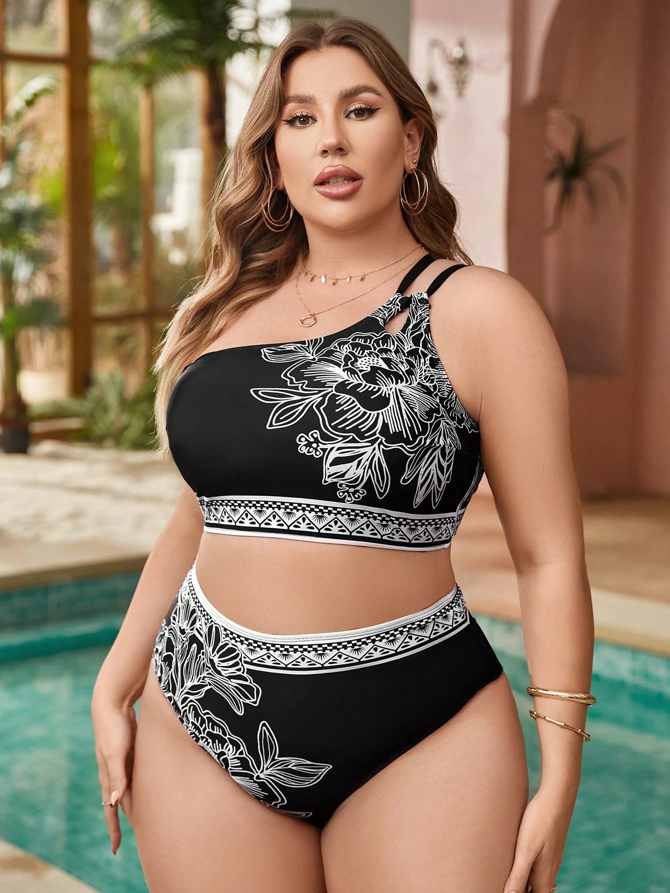 Swim Lushoire Summer Beach Plus Size Women's One Shoulder Printed Bikini Set