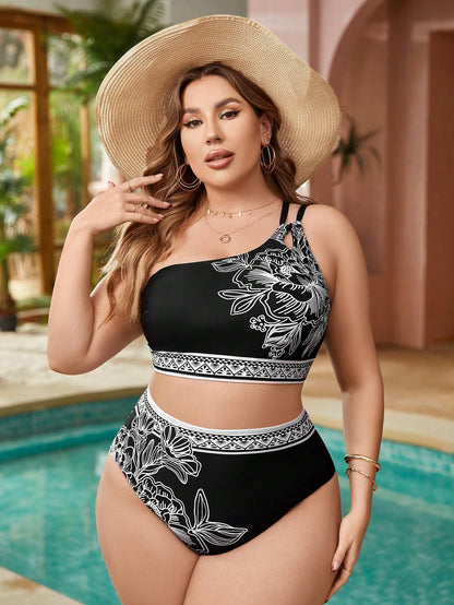Swim Lushoire Summer Beach Plus Size Women's One Shoulder Printed Bikini Set