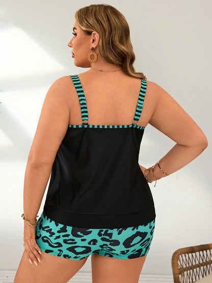 Swim Lushoire Summer Plus Size Women 2pcs Set Strap Splice Slimming Tummy Control Tankini Set