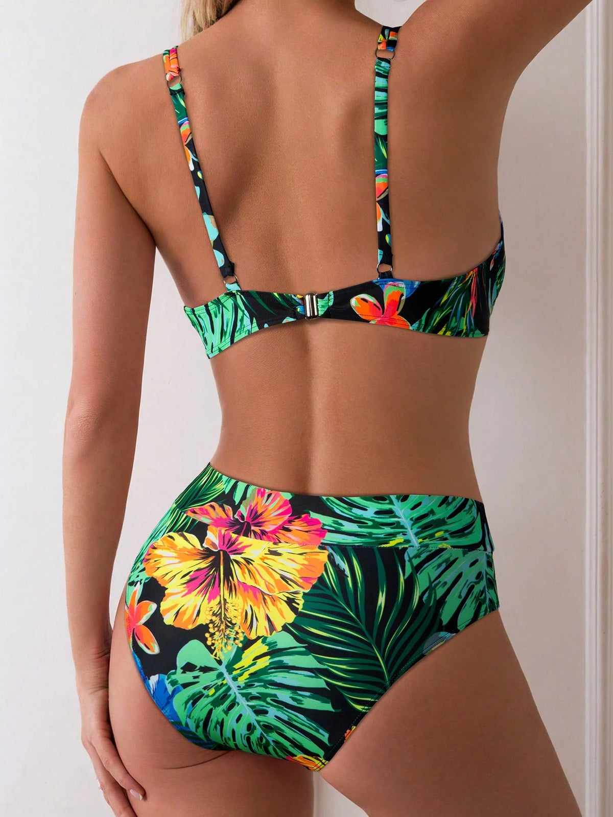 Swim Lushoire Tropical Print Soft Cup Bikini Set, Beach Vacation For Summer