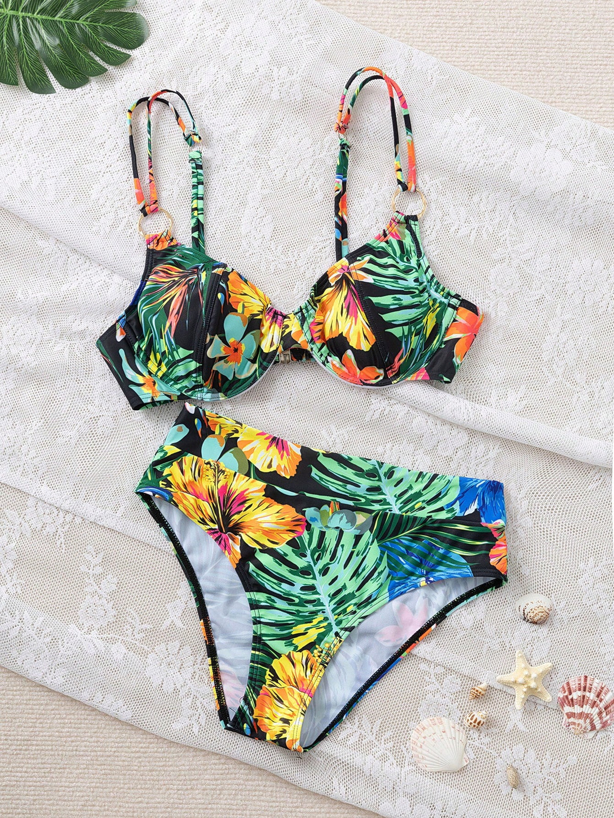 Swim Lushoire Tropical Print Soft Cup Bikini Set, Beach Vacation For Summer