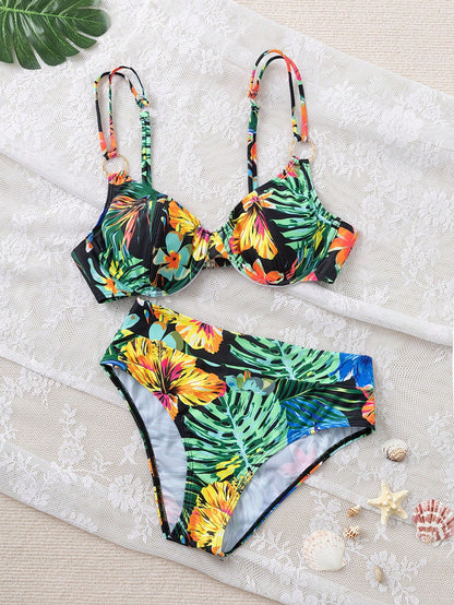 Swim Lushoire Tropical Print Soft Cup Bikini Set, Beach Vacation For Summer