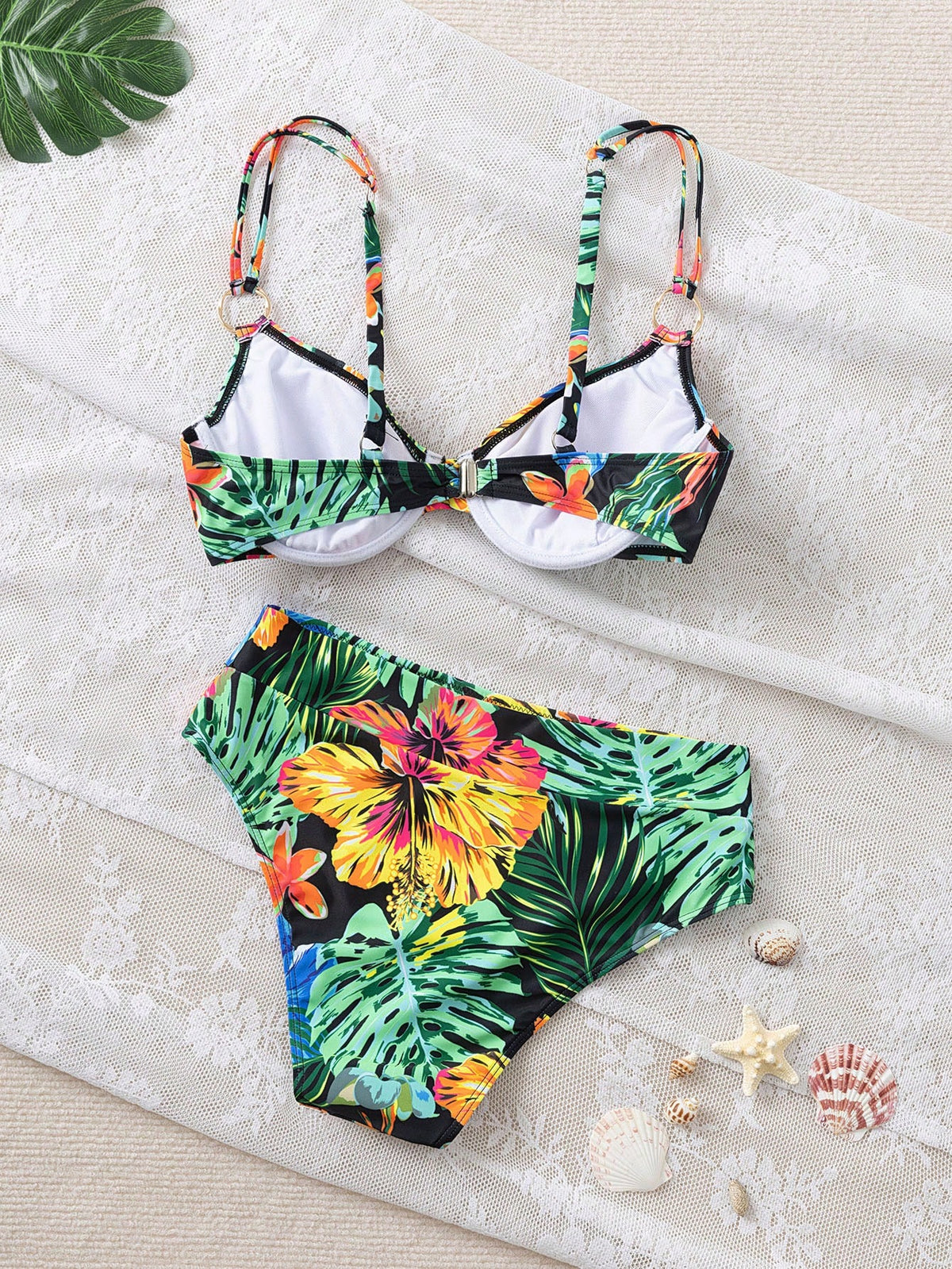 Swim Lushoire Tropical Print Soft Cup Bikini Set, Beach Vacation For Summer