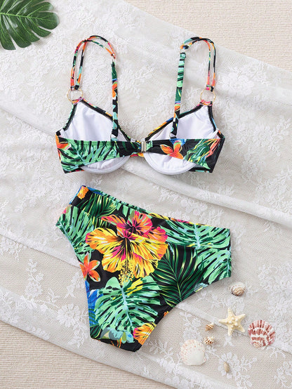 Swim Lushoire Tropical Print Soft Cup Bikini Set, Beach Vacation For Summer