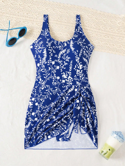 Swim Lushoire Women Floral Print Scoop Neck One-Piece Swimsuit With Swim Shorts For Summer Beach Vacation