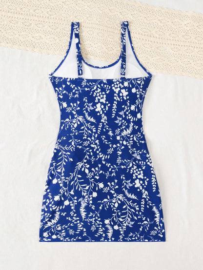 Swim Lushoire Women Floral Print Scoop Neck One-Piece Swimsuit With Swim Shorts For Summer Beach Vacation