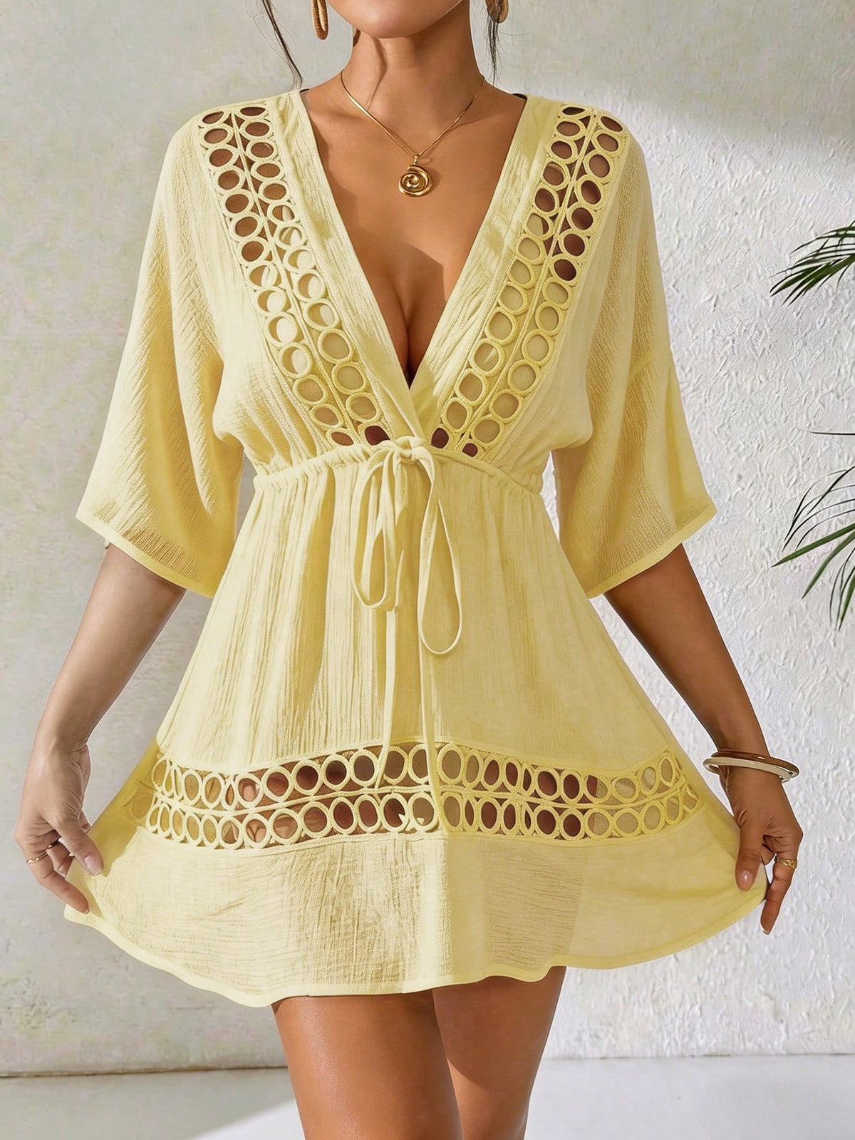Swim Lushoire Women's Black Deep V-Neck Casual Cover Up, Spring/Summer