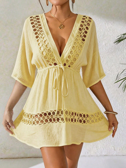 Swim Lushoire Women's Black Deep V-Neck Casual Cover Up, Spring/Summer
