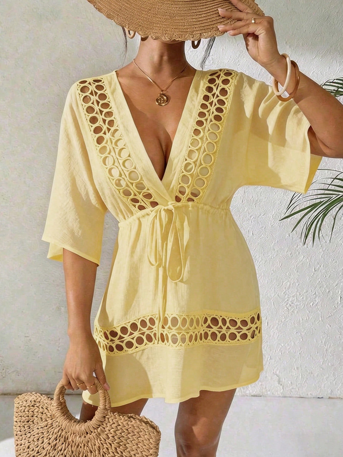 Swim Lushoire Women's Black Deep V-Neck Casual Cover Up, Spring/Summer
