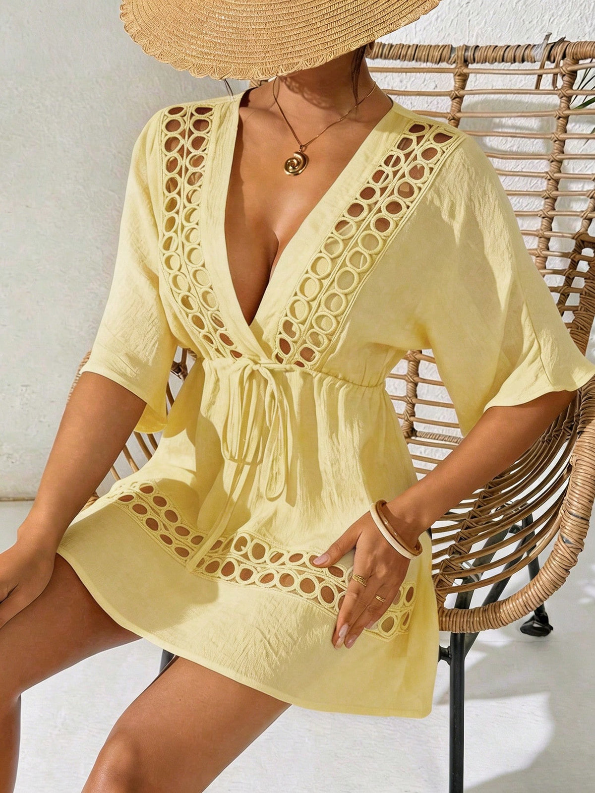 Swim Lushoire Women's Black Deep V-Neck Casual Cover Up, Spring/Summer