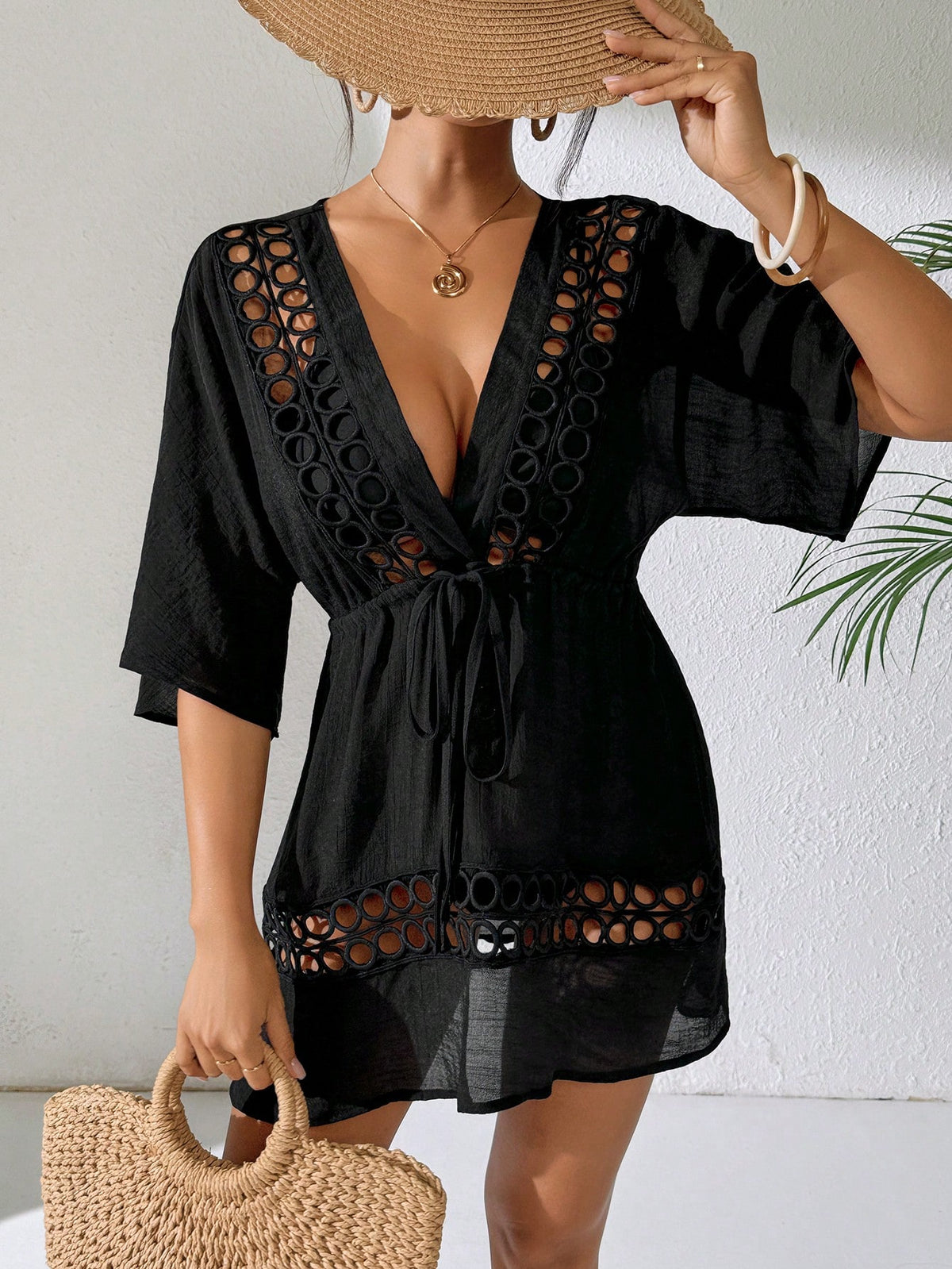 Swim Lushoire Women's Black Deep V-Neck Casual Cover Up, Spring/Summer