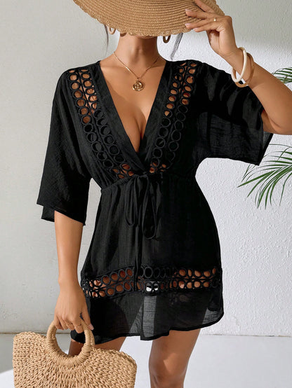 Swim Lushoire Women's Black Deep V-Neck Casual Cover Up, Spring/Summer