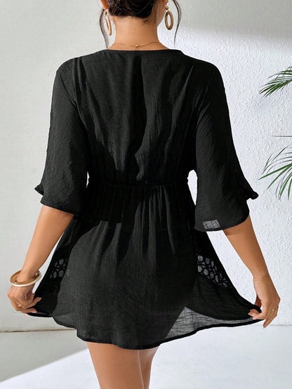 Swim Lushoire Women's Black Deep V-Neck Casual Cover Up, Spring/Summer