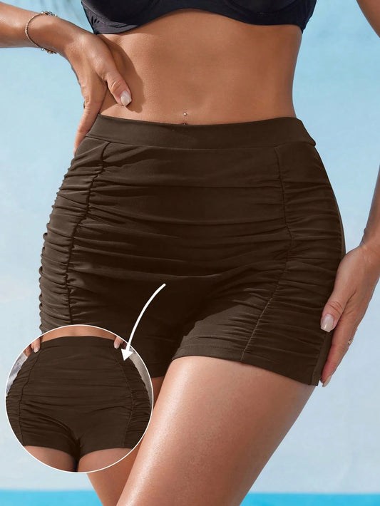 Swim Lushoire Women's Black High Waist Ruched Tummy Control Cheeky Bikini Bottom, Flattering Butt Lift, Suitable For Vacation, Beach, Spring/Summer