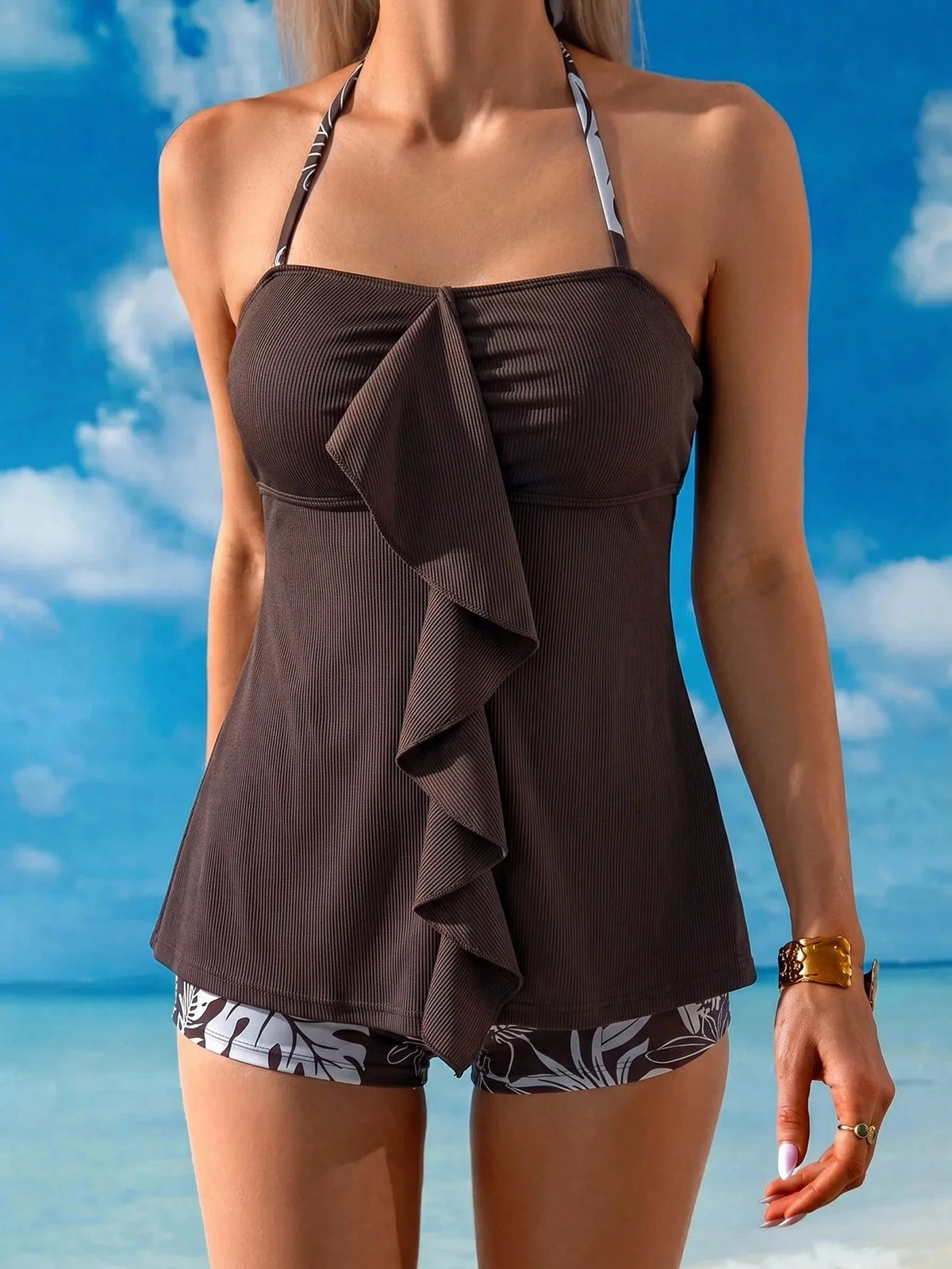Swim Lushoire Women's BOHO Vacation Tropical Print Tankini Set