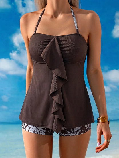 Swim Lushoire Women's BOHO Vacation Tropical Print Tankini Set