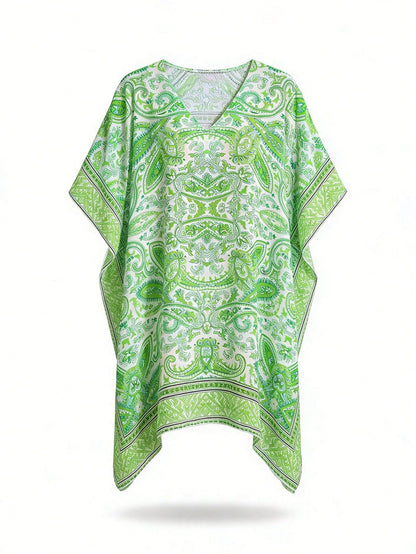 Swim Lushoire Women's Casual Holiday Peacock Print Batwing Sleeve Cover Up Dress Summer