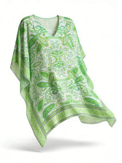 Swim Lushoire Women's Casual Holiday Peacock Print Batwing Sleeve Cover Up Dress Summer