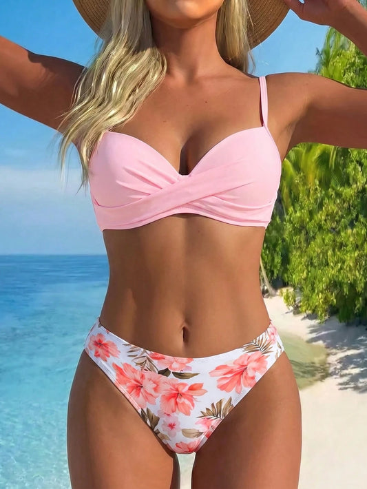 Swim Lushoire Women's Floral Print Cross Wrap Bikini Set, Beach Vacation Style