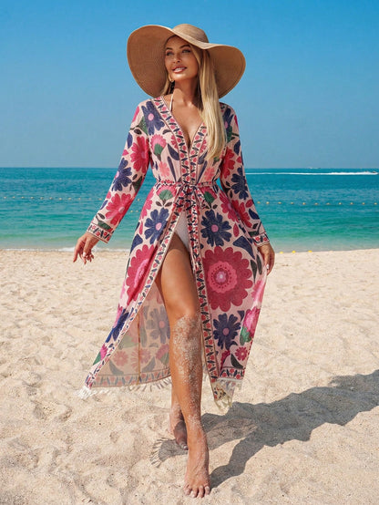 Swim Lushoire Women's Floral Print Kimono Cover Up With Detachable Belt, Suitable For Beach, Party, Vacation