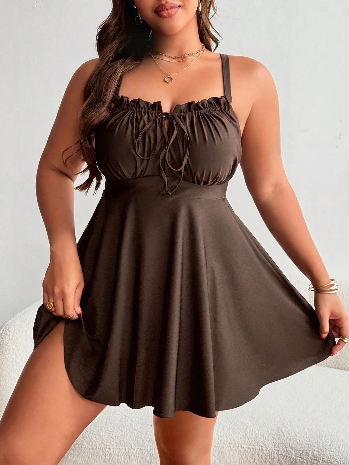 Swim Lushoire Women's Plus Size Ruffle Tie Front Swim Dress And Bikini Bottom Set