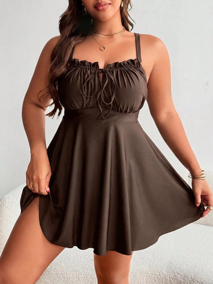 Swim Lushoire Women's Plus Size Ruffle Tie Front Swim Dress And Bikini Bottom Set