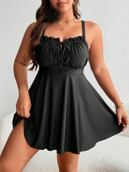 Swim Lushoire Women's Plus Size Ruffle Tie Front Swim Dress And Bikini Bottom Set