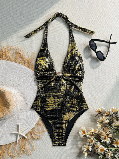 Swim Lushoire Women's Sexy Gold Foil Fabric Deep V-Neck Metal Decor Backless One-Piece Swimsuit, Suitable For Summer Beach Vacation